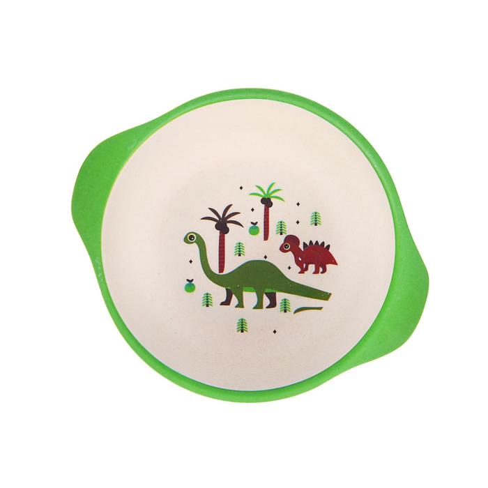 Набор детской посуды из бамбука «Динозаврики», 5 предметов: тарелка, миска, стакан, столовые приборы - фото 1906968891
