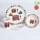 Набор детской посуды из бамбука «Машинки», 5 предметов: тарелка, миска, стакан, столовые приборы - фото 8761433