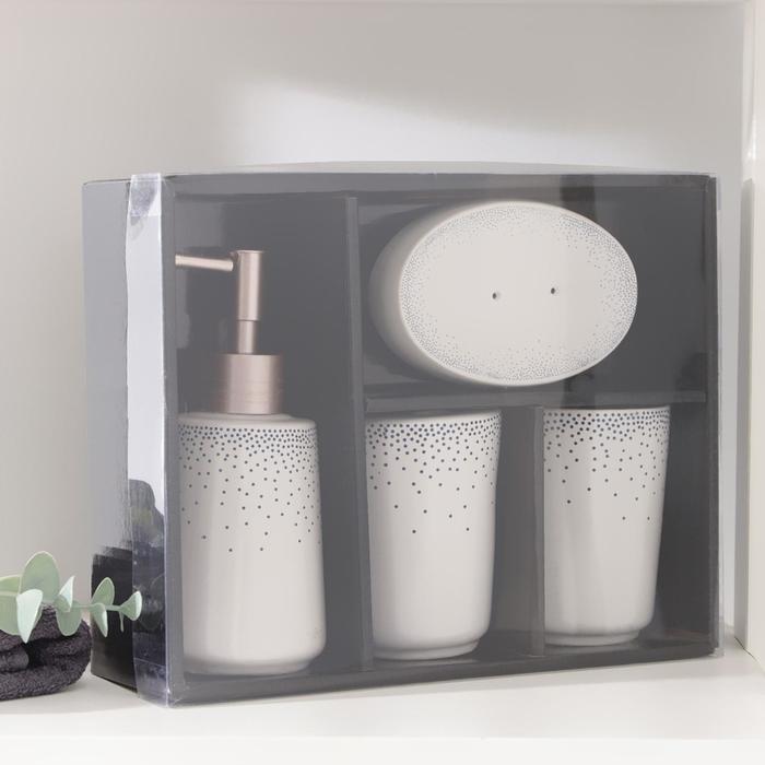 Набор аксессуаров для ванной комнаты «Брызги», 4 предмета (дозатор 300 мл, мыльница, 2 стакана), цвет белый - фото 1925948633