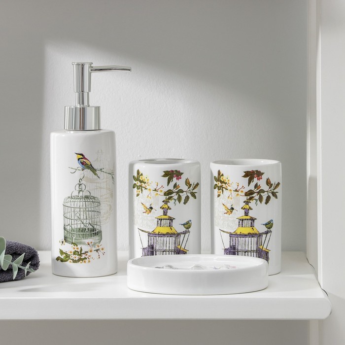 Аксессуары для ванной «Клетка», 4 предмета, дозатор 300 мл, мыльница, 2 стакана, белые - Фото 1