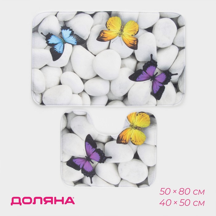 Коврики для ванной и туалета Доляна «Камни», 2 шт., 40×50 см, 50×80 см, белые - Фото 1