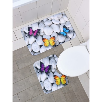 Набор ковриков для ванной и туалета Доляна «Камни», 2 шт, 40×50 см, 50×80 см, цвет белый