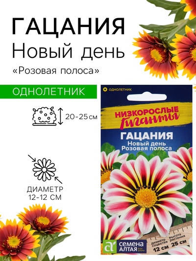 Семена цветов Гацания Новый день «Розовая полоса», ц/п, для балкона, веранды, цветника, однолетник, низкорослая, ц/п, 5 шт.