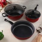 Набор посуды Promo Stone violet: кастрюля 3 л, d=24 см, ковш 1.3 л, сковорода d=24 см, крышки 2 шт., антипригарное покрытие, бордовый - Фото 1