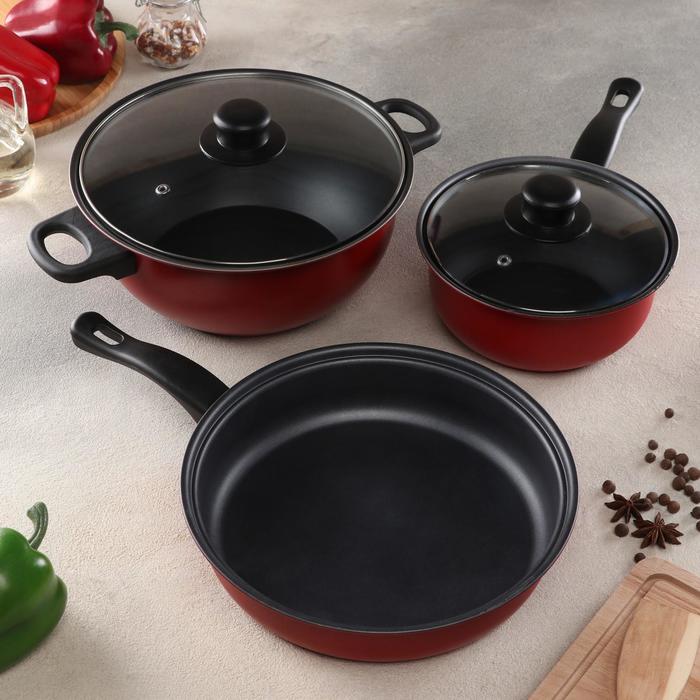 Набор посуды Promo Stone violet: кастрюля 3 л, d=24 см, ковш 1.3 л, сковорода d=24 см, крышки 2 шт., антипригарное покрытие, бордовый - Фото 1