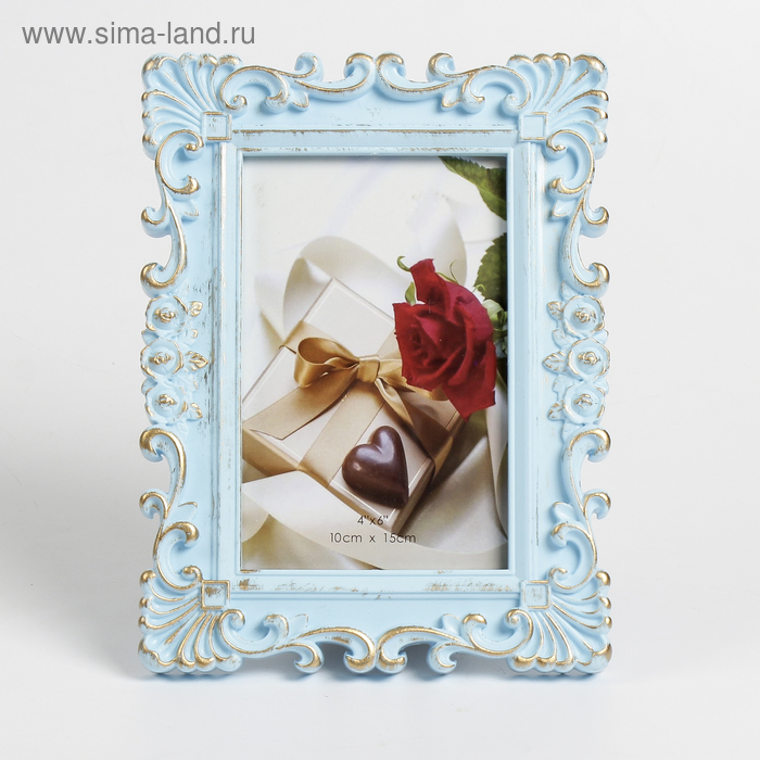 Фоторамка пластик 10х15 см "Розочки и завитки роза" голубая с золотом 20,5х15,5 см - Фото 1