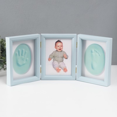 Фоторамка - коллаж 13×18 см с полимерной глиной «Отпечаток ладошки и ножки», пластик, голубая, 20.5×46.5 см