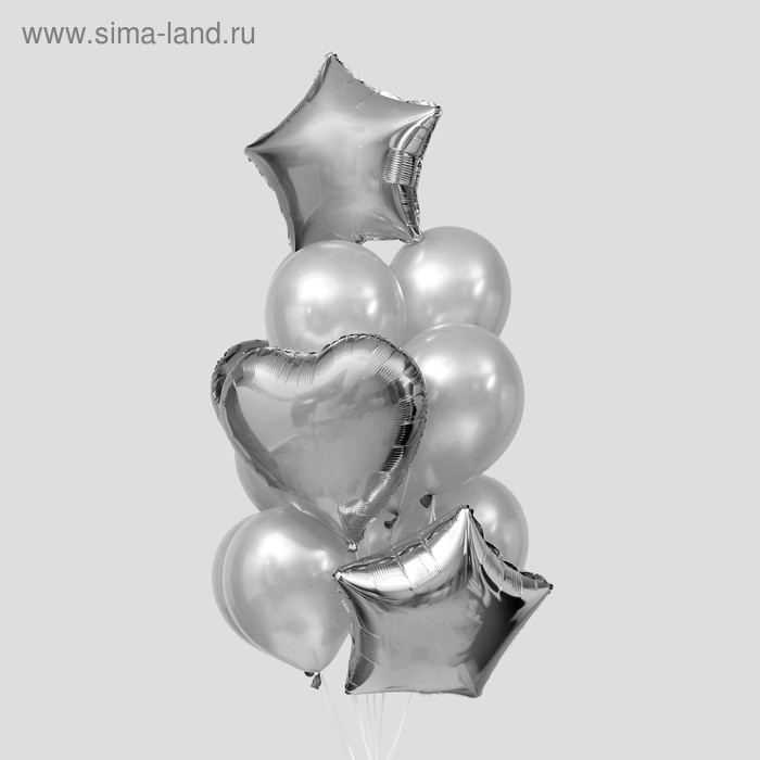 Букет из шаров «Сердца и звёзды», латекс, фольга, набор 14 шт., цвет серебряный - Фото 1