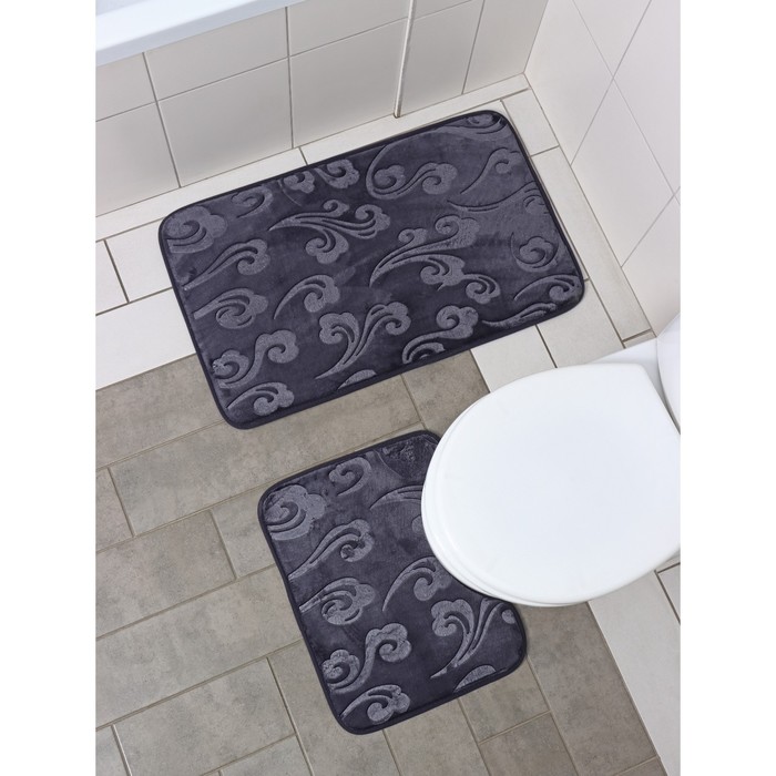 Набор ковриков для ванной и туалета Доляна «Грация», 2 шт, 40×50 см, 50×80 см, цвет серый - Фото 1