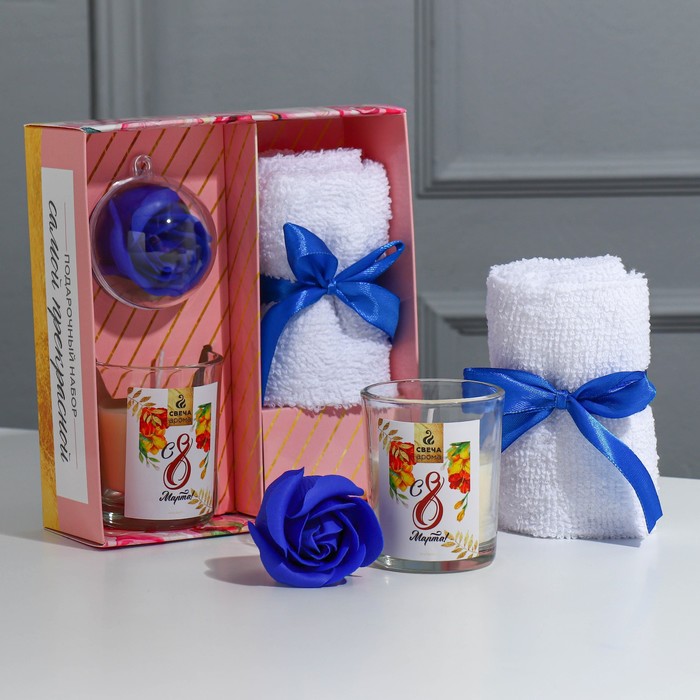 Набор: свеча, мыльные лепестки и полотенце «С 8 марта», аромат ваниль - Фото 1