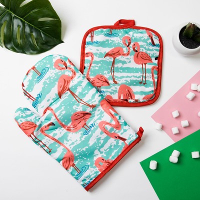 Кухонный набор Доляна «Фламинго» прихватка 16×16 см, рукавица 25×16 см