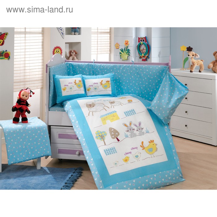 Комплект в кроватку Zoo, 10 предметов, цвет голубой, поплин - Фото 1