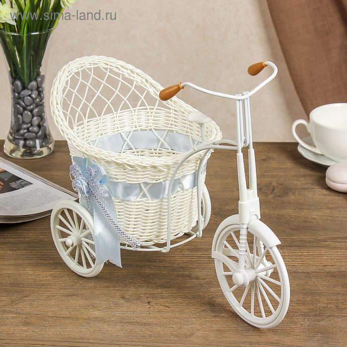 Корзина декоративная "Трёхколёсный велосипед с кашпо" голубая 27х33,5х17,5 см - Фото 1