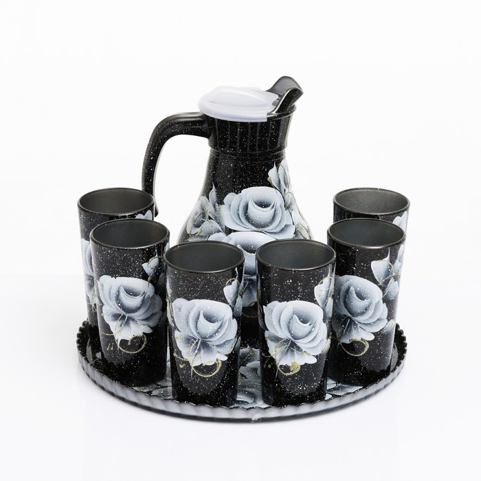 Набор для сока с подносом "Розы" художественная роспись, 6 стаканов 1250/200 мл - фото 1906972853
