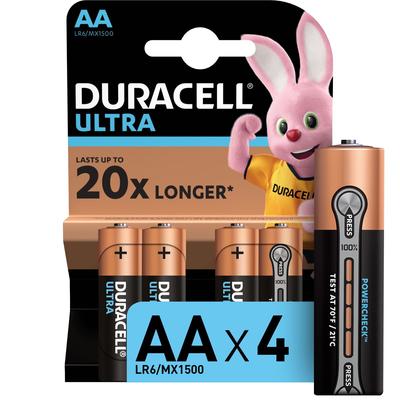Батарейка алкалиновая Duracell Ultra Power, AA, LR6-4BL, 1.5В, 4 шт