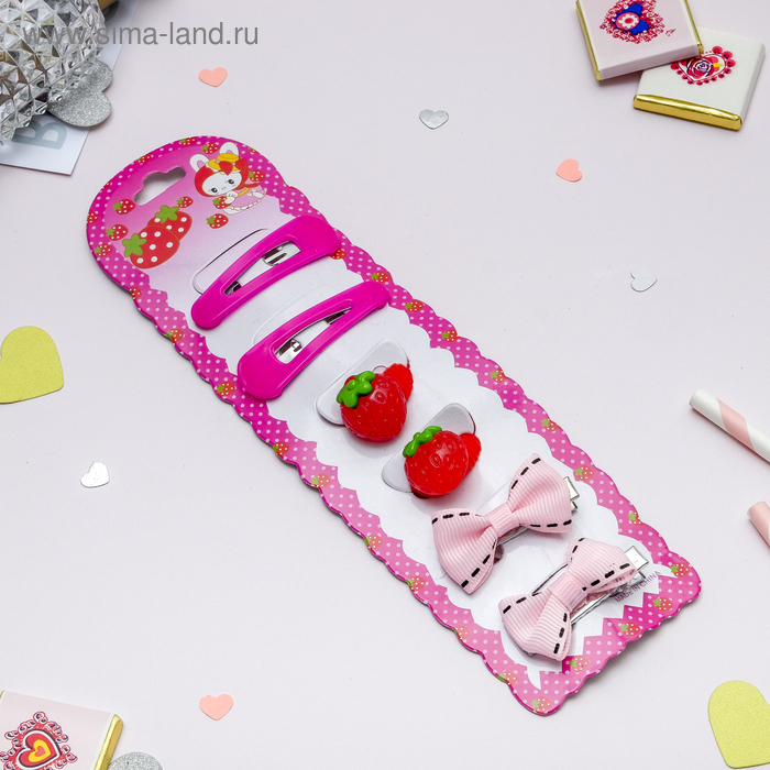 Набор для волос "Манюня" ( 2 невидимки, 2 резинки, 2 зажима) клубнички и бантики - Фото 1