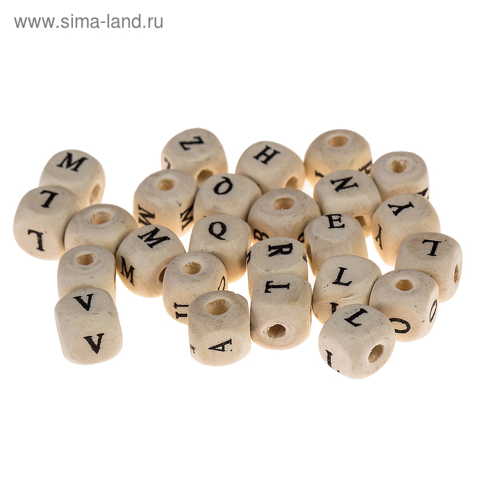 Бусины деревянные кубики c латиницей 10х10 мм (набор 25 шт) - Фото 1