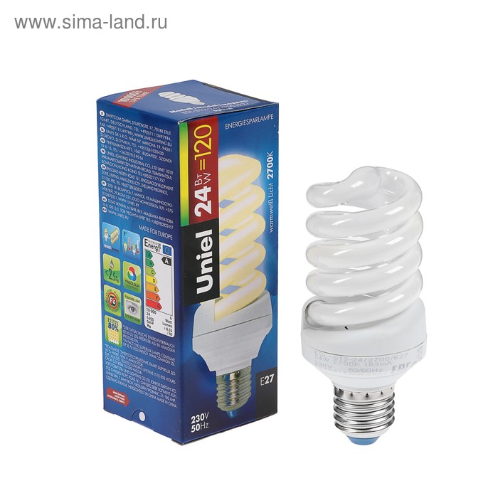 Лампа энергосберегающая Uniel, Е27, 24 Вт, 2700 К, свет тёплый белый - Фото 1
