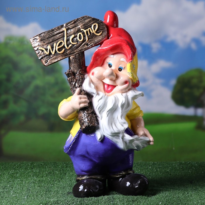Садовая фигура "Гном c табличкой Welcome", разноцветная, гипс, 51 см - Фото 1