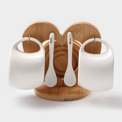 Набор чайный керамический на деревянной подставке «Эстет», 6 предметов: 2 чашки 200 мл, 2 подставки 9.5 см, 2 ложки, цвет белый