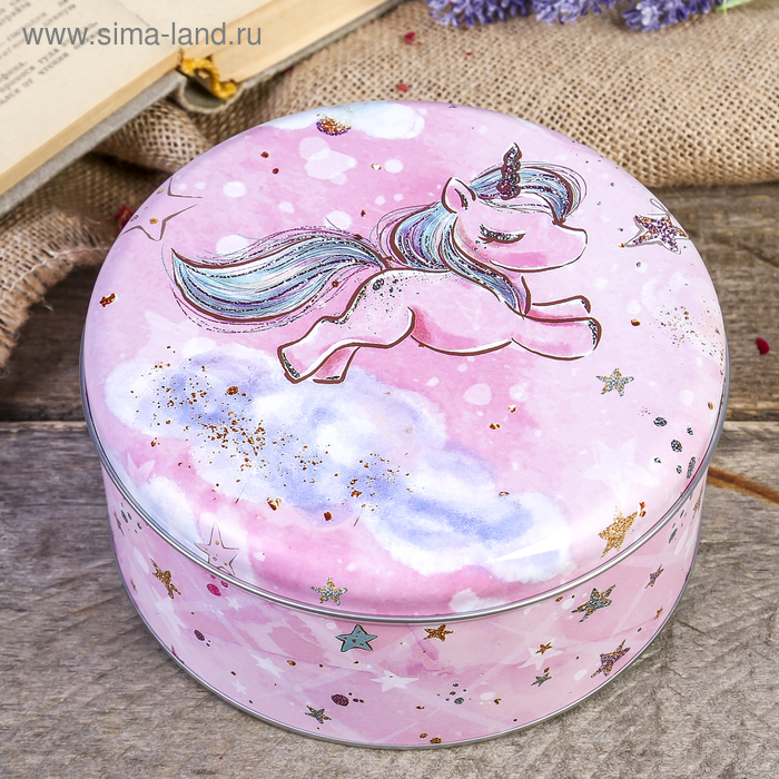 Шкатулка металл круглая "Маленький единорог в облаках" 8х17х17 см - Фото 1