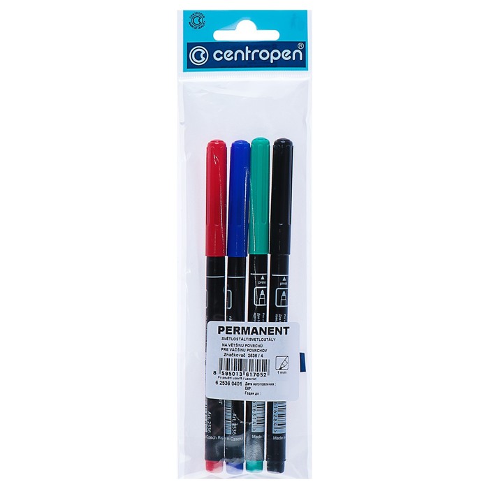 Набор маркеров перманентных 4 цвета, 2.0 мм Centropen 2536, линия 1 мм, пакет с европодвесом - Фото 1