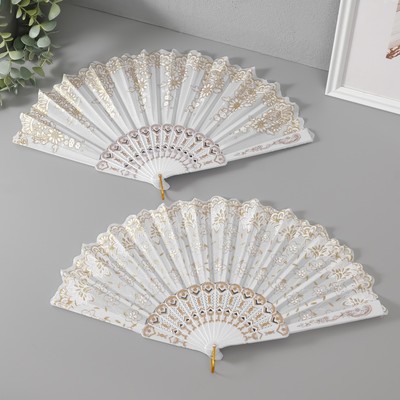 Веер складной «Золотые узоры», пластик, текстиль, блёстки, 22.5 см, МИКС