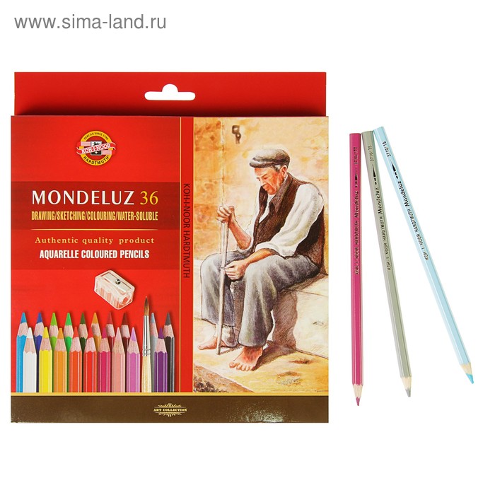 Карандаши цветные акварельные набор 36 цветов, Koh-I-Noor Mondeluz 3712 + точилка + кисть 2 шт. - Фото 1