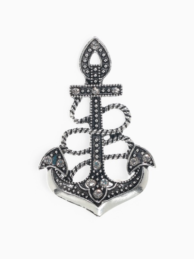 Брошь «Якорь» ретро, белая в чернёном серебре