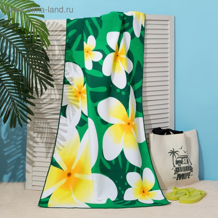 Полотенце пляжное Этель 70*140 см, Цветы на зеленом, микрофибра 250гр/м2 - Фото 1
