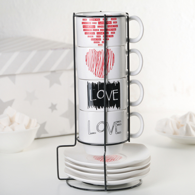 Набор керамический чайный «Влюбленнсть», 8 предметов: чашка 180 мл, блюдце 11 см