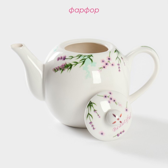 Чайник фарфоровый заварочный Доляна «Лаванда», 800 мл, цвет белый - фото 1906975885