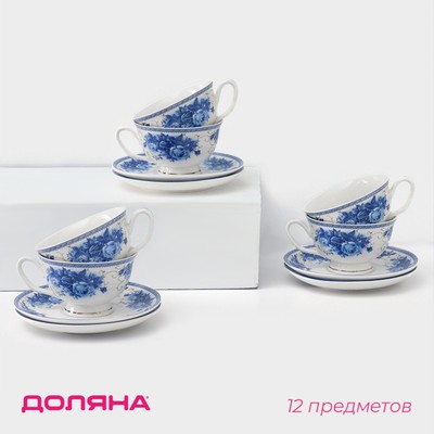 Сервиз чайный фарфоровый Доляна «Аззурро», 12 предметов: 6 чашек 240 мл, 6 блюдец d=15,2 см, цвет белый