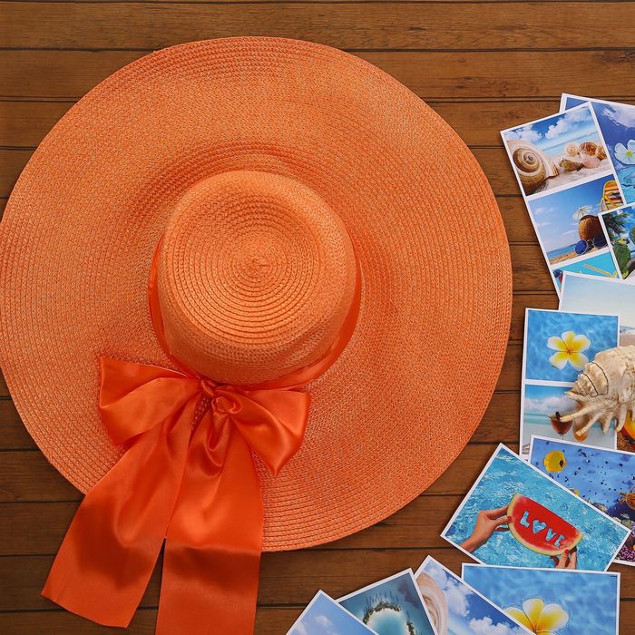 Шляпа пляжная "Нежность" с атласным бантом, цвет оранжевый, обхват головы 58 см, ширина полей 13 см - Фото 1