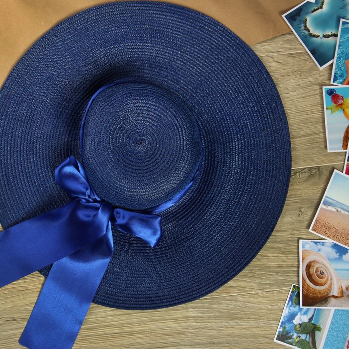 Шляпа пляжная "Нежность" с атласным бантом, цвет синий, обхват головы 58 см, ширина полей 13 см - Фото 1