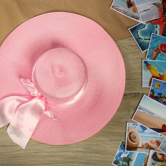 Шляпа пляжная "Нежность" с атласным бантом, цвет розовый, обхват головы 58 см, ширина полей 13 см - Фото 1
