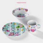 Набор детской посуды из керамики Доляна «Совушки», 3 предмета: кружка 230 мл, миска 400 мл, тарелка d=18 см, цвет белый - фото 9037255