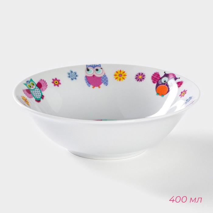 Набор детской посуды из керамики Доляна «Совушки», 3 предмета: кружка 230 мл, миска 400 мл, тарелка d=18 см, цвет белый - фото 1908434230