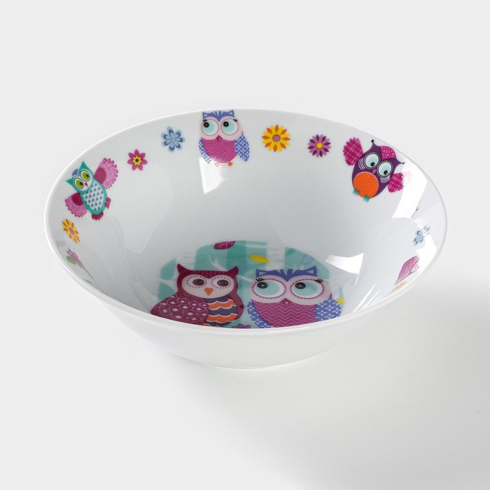 Набор детской посуды из керамики Доляна «Совушки», 3 предмета: кружка 230 мл, миска 400 мл, тарелка d=18 см, цвет белый - фото 1908434235
