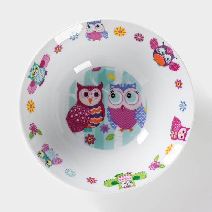 Набор детской посуды из керамики Доляна «Совушки», 3 предмета: кружка 230 мл, миска 400 мл, тарелка d=18 см, цвет белый - фото 1908434236