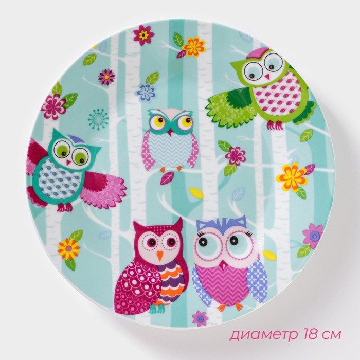 Набор детской посуды из керамики Доляна «Совушки», 3 предмета: кружка 230 мл, миска 400 мл, тарелка d=18 см, цвет белый - фото 1908434227