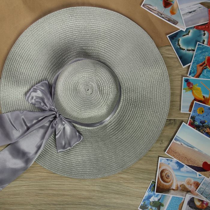 Шляпа пляжная "Нежность" с атласным бантом, цвет серый, обхват головы 58 см, ширина полей 13 см - Фото 1