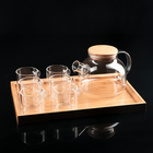 Чайный набор на деревянной подставке «Эко», 7 предметов: чайник стеклянный с ситом 900 мл, кружки 6 шт, 100 мл - фото 321264357
