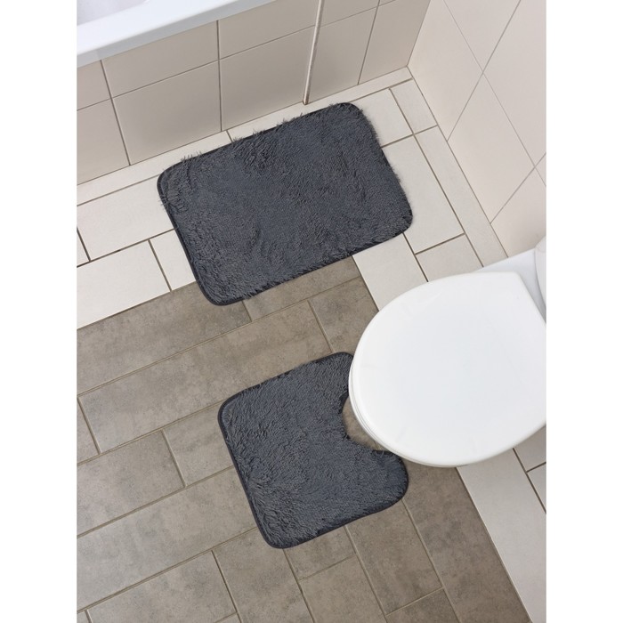 Набор ковриков для ванной и туалета Доляна «Пушистик», 2 шт, 38×40, 40×60 см, цвет серый