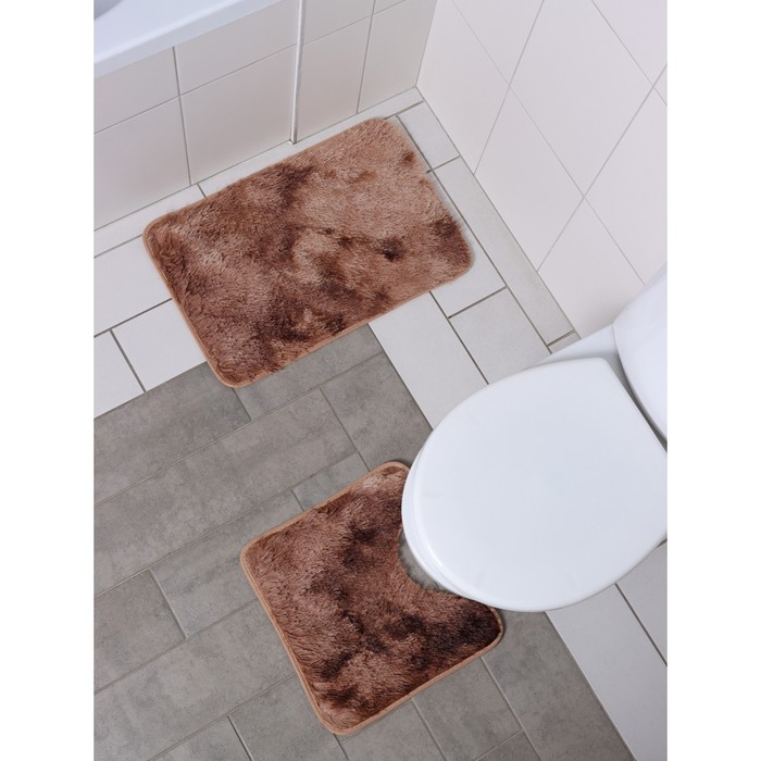 Набор ковриков для ванной и туалета Доляна «Пушистик», 2 шт, 38×40, 40×60 см, цвет бежево-коричневый