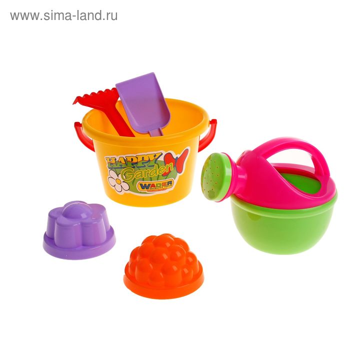 Песочный набор №205 (ведро, лопатка, грабельки, 2 формочки, лейка малая) цвета МИКС - Фото 1