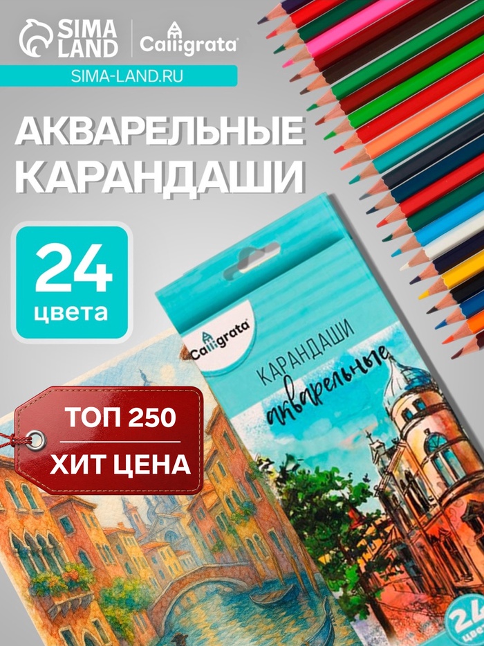 Карандаши Calligrata, цветные, акварельные, 24 цвета - Фото 1
