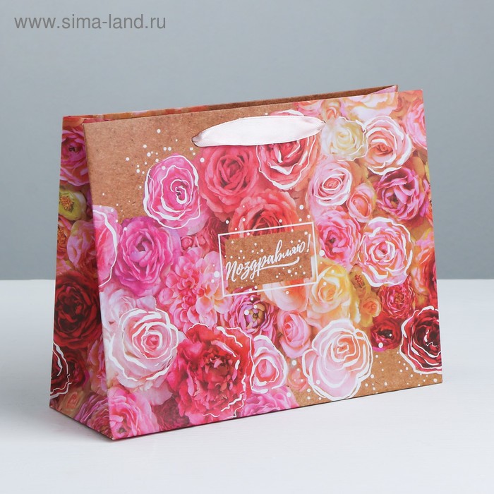 Пакет подарочный крафтовый горизонтальный, упаковка, «Цветочное настроение», L 40 х 31 х 11,5 см - Фото 1