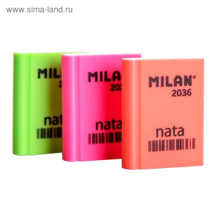 Ластик MILAN Nata 2036, пластиковый, прямоугольный, картонный держатель, 39х29х9 мм, МИКС - Фото 1