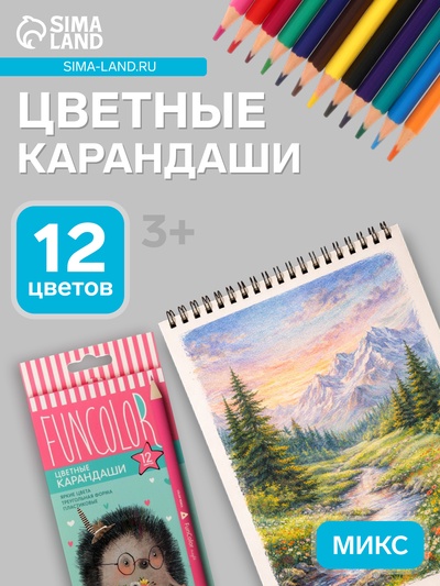 Карандаши цветные 12 цветов FunColor, пластиковые, трёхгранные, МИКС